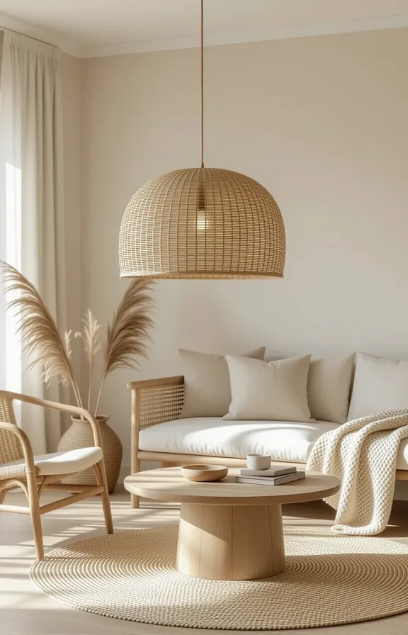 Medium shot flax fiber cord light shade hanging