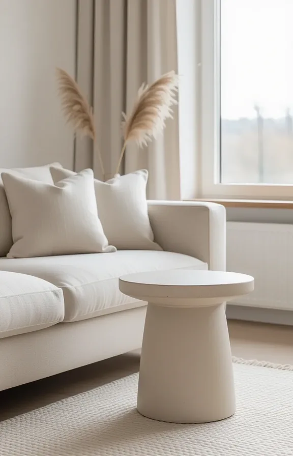 Medium shot minimalist stoneware side table next living