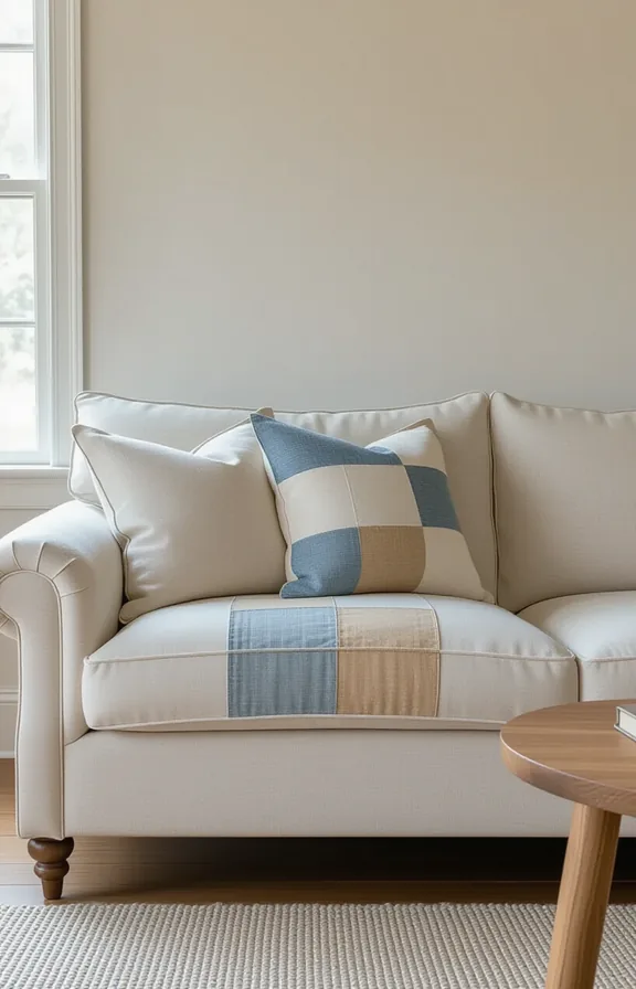 Medium shot linen sofa with visible cotton patchwork