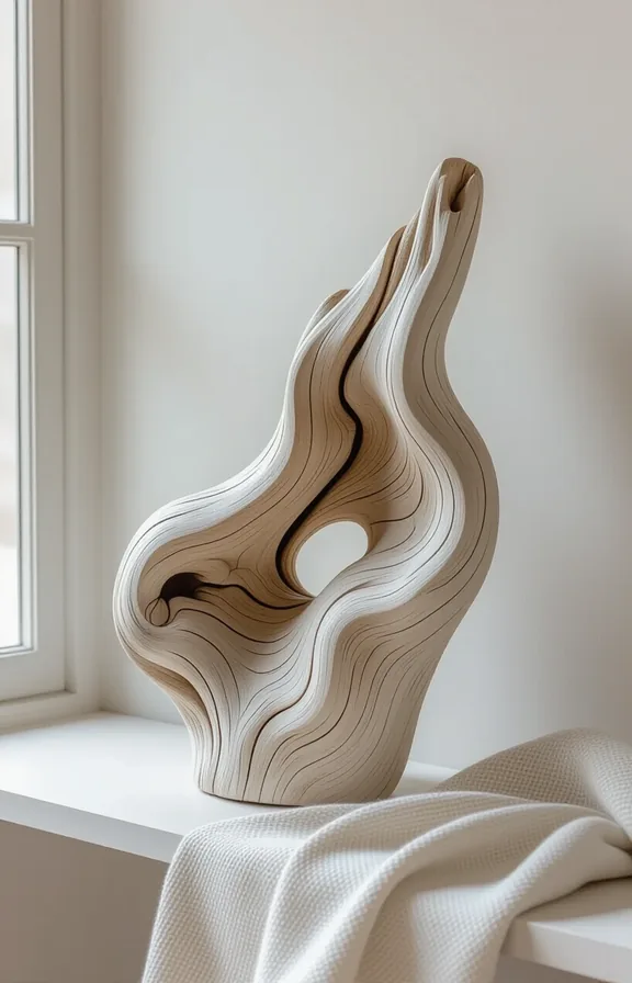 Medium shot wind-swept driftwood sculpture placed living room