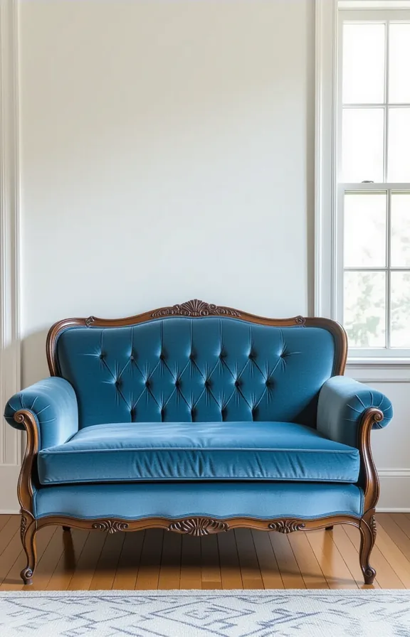 Medium shot sun-faded velvet sofa seat living room