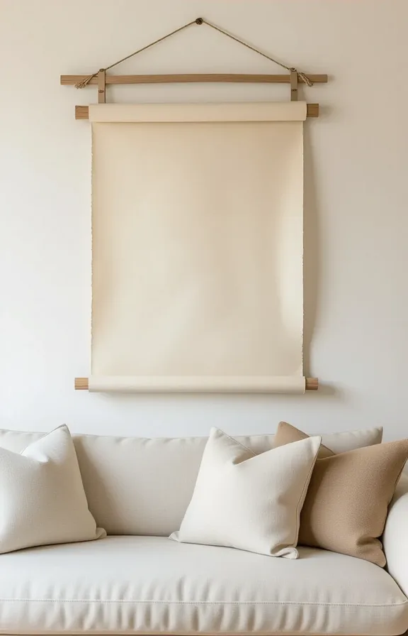 Medium shot unframed paper scroll art hanging living