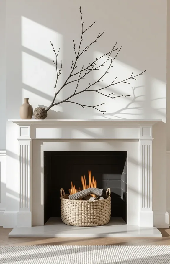 Medium shot dried branch arrangement living room fireplace