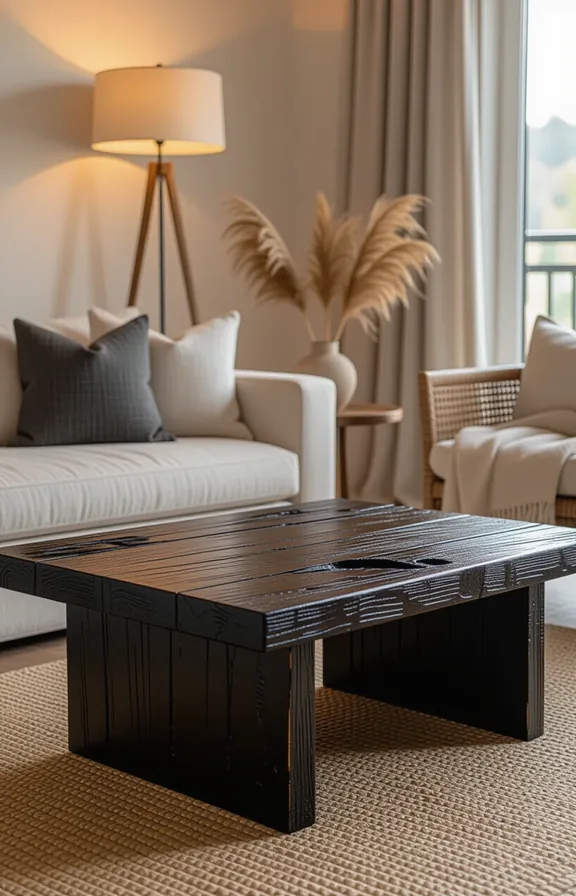 Medium shot charred wood coffee table with visible