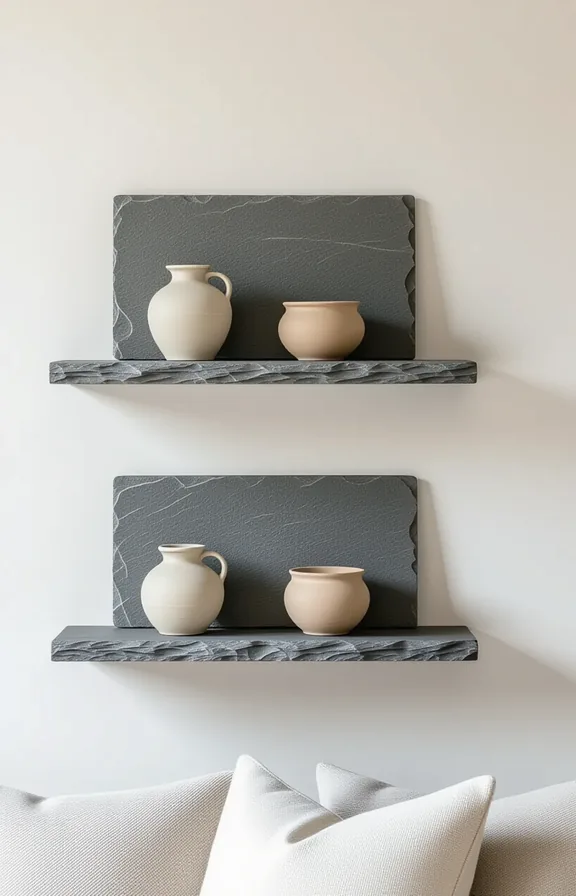 Medium shot textured slate shelf displaying few simple