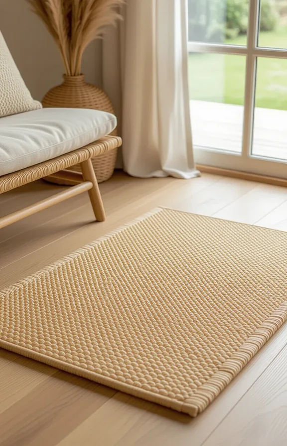 Medium shot raw edge rattan floor mat positioned