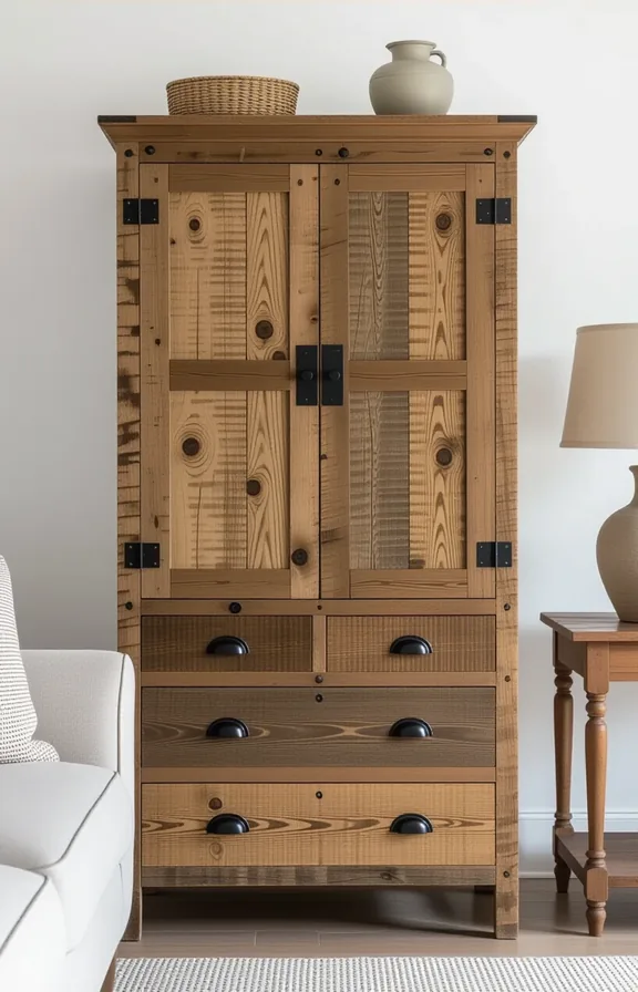 Medium shot freestanding wooden cabinet showing honest maintenance