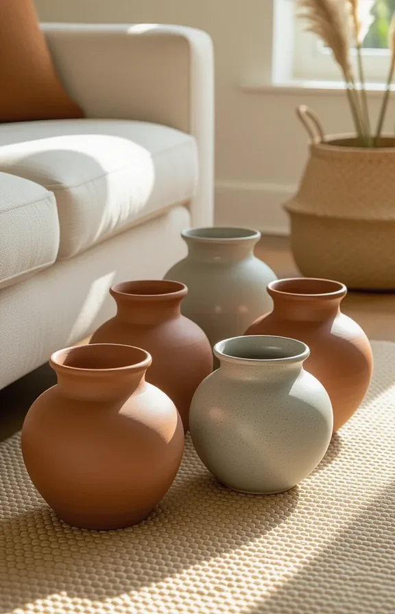 Medium shot cluster freeform ceramic pots varying sizes