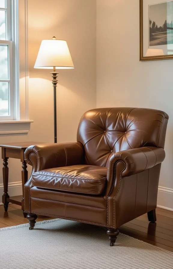 Medium shot worn leather armchair corner living room