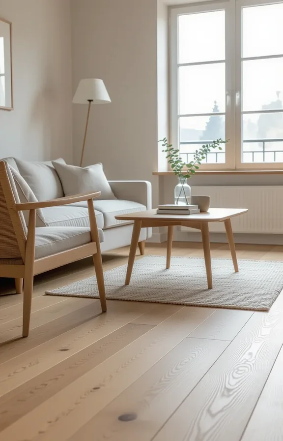 Medium shot unvarnished oak floor boards living room